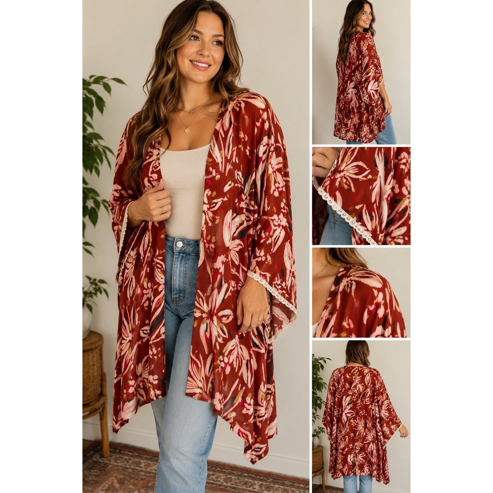 Maurices Floral Kimono Cardigan Rust Pink Boho Lace Trim One Size NWT